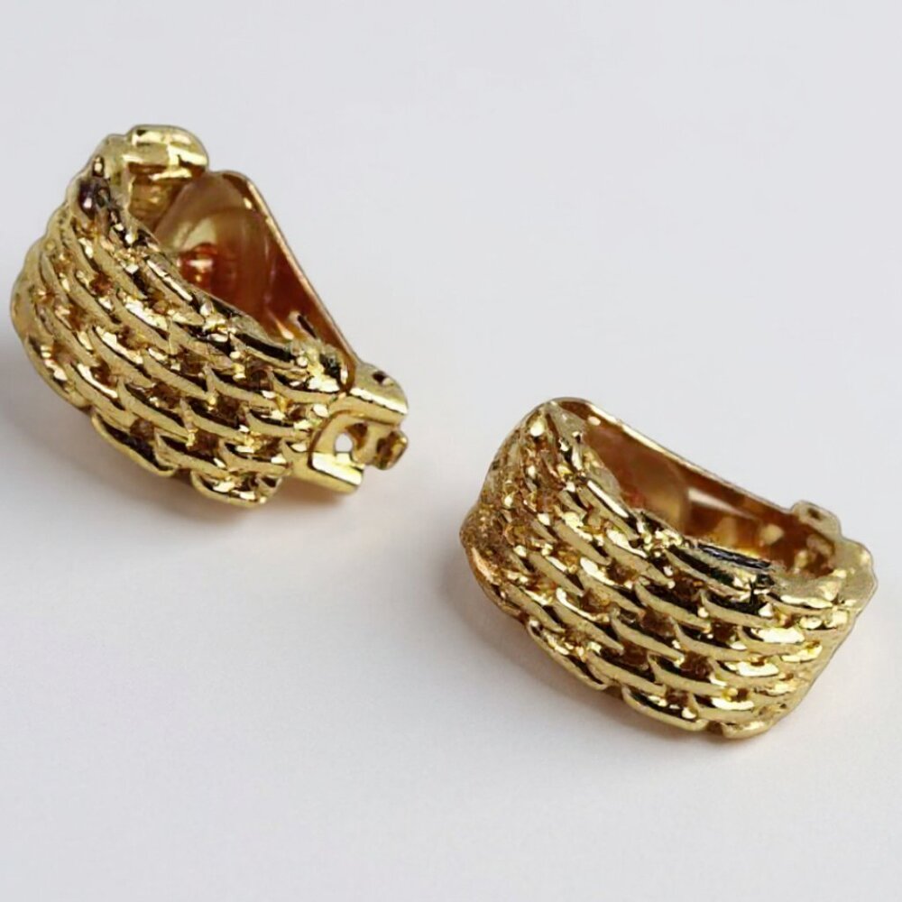 Christian Dior Vintage Gold Woven Clip-On Earrings | Modernist Statement Earring - Picture 4 of 8